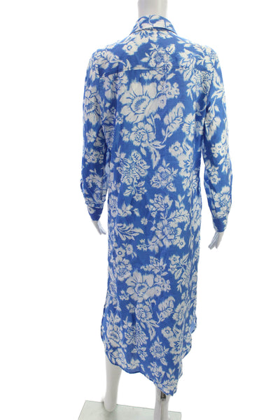 Zara Women Shirt Dress Blue Floral Collared Long Sleeve Lyocell Button Size S