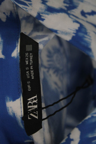 Zara Women Shirt Dress Blue Floral Collared Long Sleeve Lyocell Button Size S
