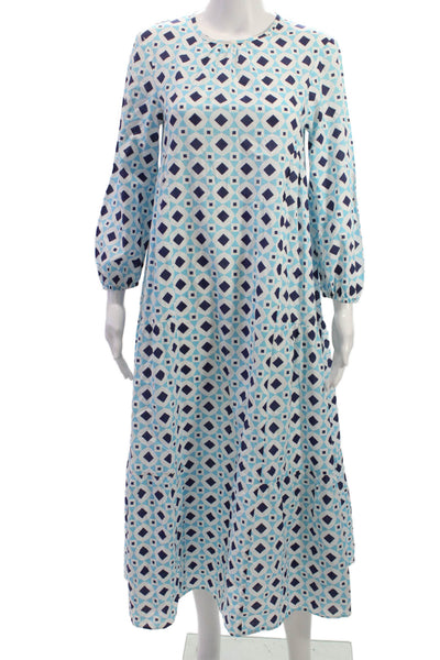 Zara Womens Maxi Dress Blue Cotton Long Sleeve Round Neck Geometric Size XS