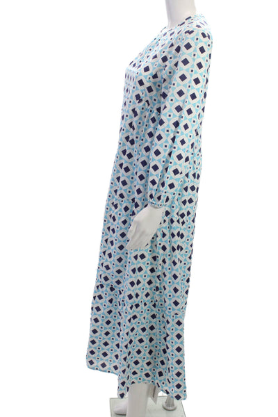Zara Womens Maxi Dress Blue Cotton Long Sleeve Round Neck Geometric Size XS