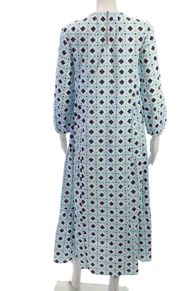 Zara Womens Maxi Dress Blue Cotton Long Sleeve Round Neck Geometric Size XS