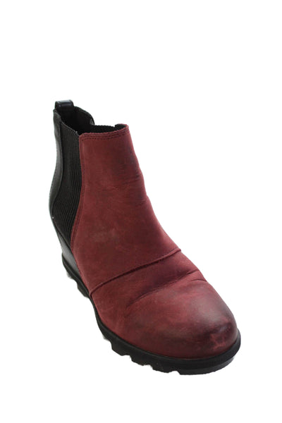 Sorel Womens Suede Stretch Inset Wedge Heel Ankle Boots Red Black Size 8