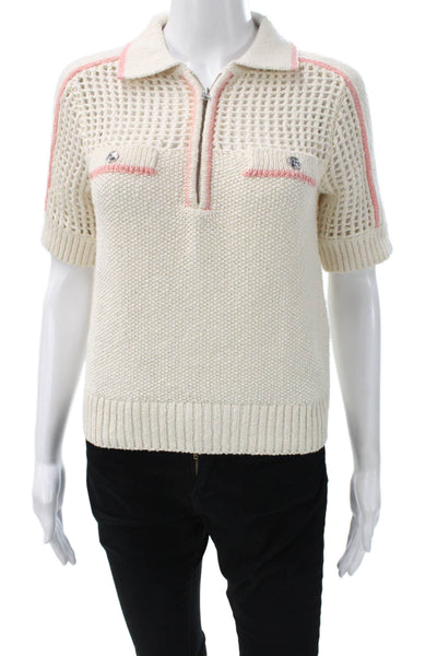 Central Park West Women Collared Pullover Sweater Ivory Short Sleeve Size XS