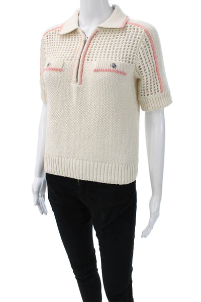 Central Park West Women Collared Pullover Sweater Ivory Short Sleeve Size XS
