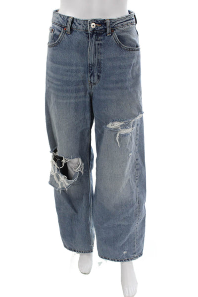 Zara Womens Wide-Leg Jeans Blue Cotton High Rise Button Size 2