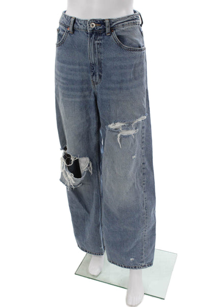 Zara Womens Wide-Leg Jeans Blue Cotton High Rise Button Size 2