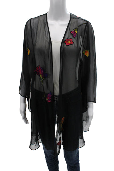 Natori Womens Floral V-Neck Black Polyester Long Sleeve Cardigan Size M