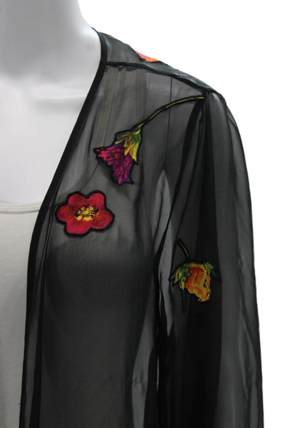 Natori Womens Floral V-Neck Black Polyester Long Sleeve Cardigan Size M