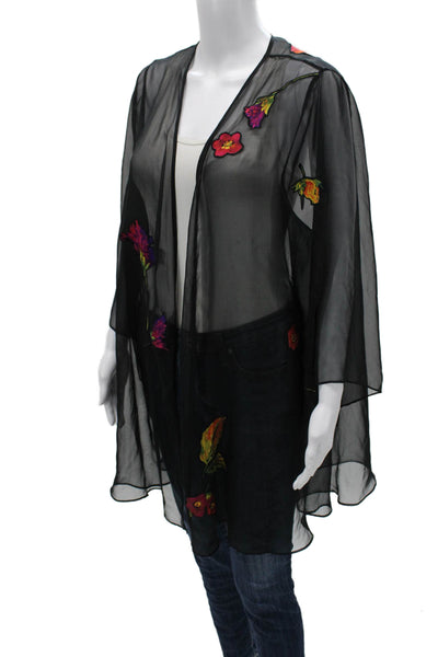 Natori Womens Floral V-Neck Black Polyester Long Sleeve Cardigan Size M