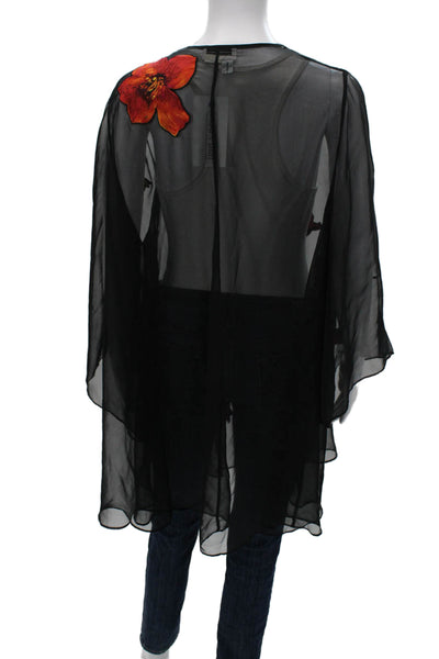Natori Womens Floral V-Neck Black Polyester Long Sleeve Cardigan Size M