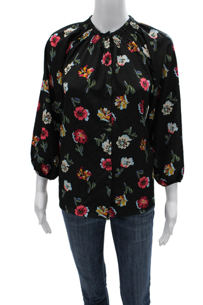 Tucker Women Basic Black Floral 3/4 Sleeve Round Neck Polyester Blouse Size M