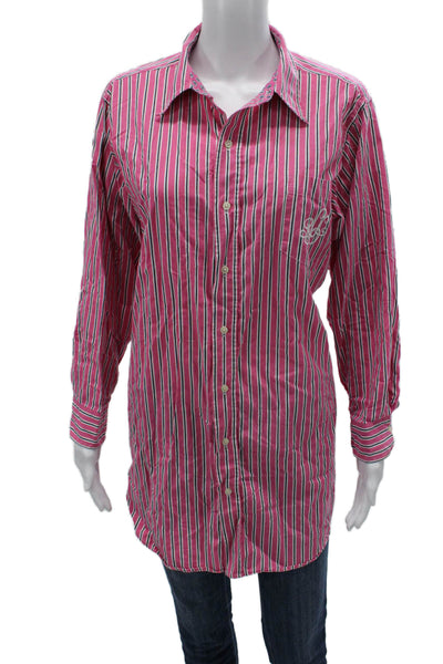 Lauren Ralph Lauren Women Pink Striped Tunic Button Up Long Sleeve Size S
