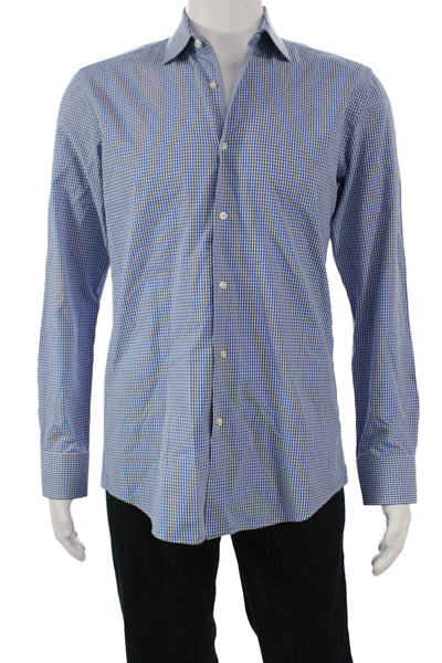 Boss Hugo Boss Mens Cotton Collared Striped Print Button Down Shirt Blue Size 39