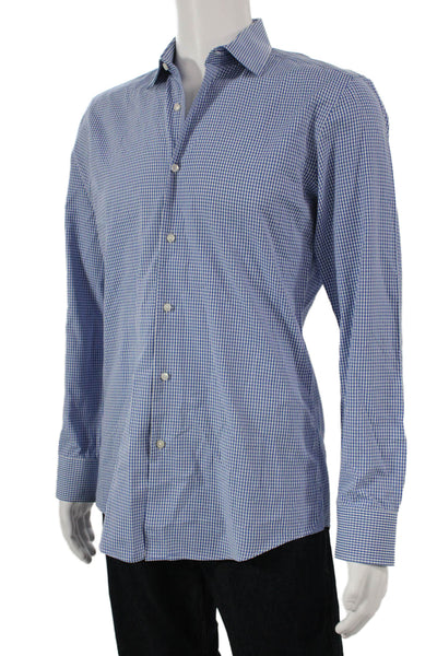 Boss Hugo Boss Mens Cotton Collared Striped Print Button Down Shirt Blue Size 39