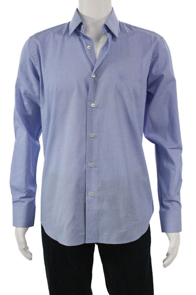 Roberto Cavalli Mens Mini Houndstooth Print Button Down Shirt Blue Size 40