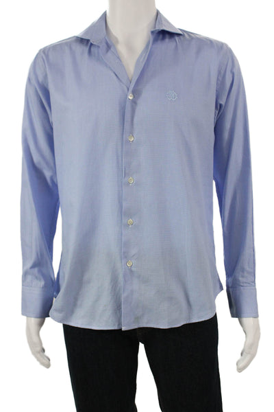 Roberto Cavalli Mens Mini Houndstooth Print Button Down Shirt Blue Sz 40