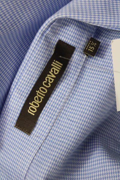 Roberto Cavalli Mens Mini Houndstooth Print Button Down Shirt Blue Sz 40