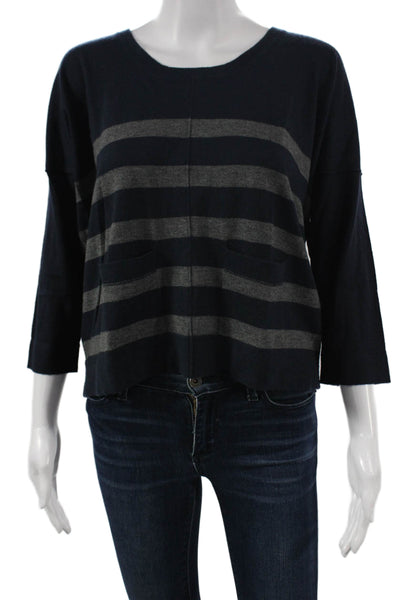 Autumn Cashmere Womens Striped Cashmere Pullover Blue 3/4 Sleeve Size M