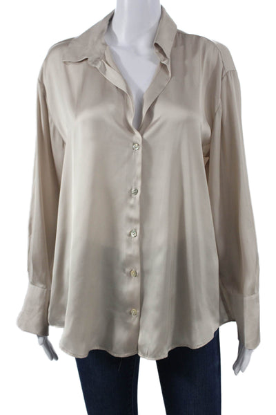 Zara Womens Collared Basic Button Up Long Sleeve Beige Polyester Top Size L