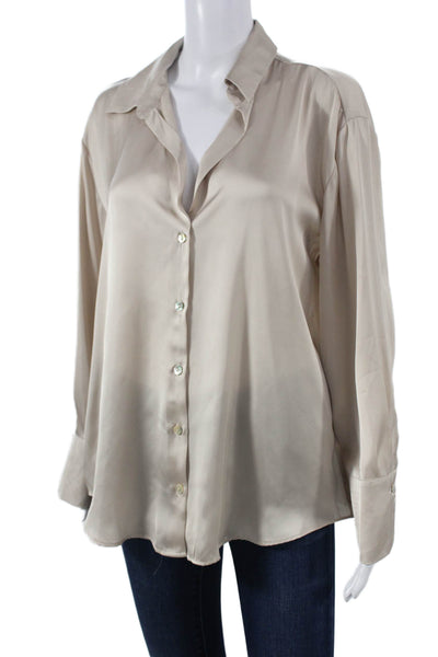Zara Womens Collared Basic Button Up Long Sleeve Beige Polyester Top Size L