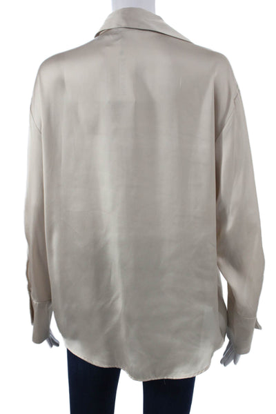 Zara Womens Collared Basic Button Up Long Sleeve Beige Polyester Top Size L