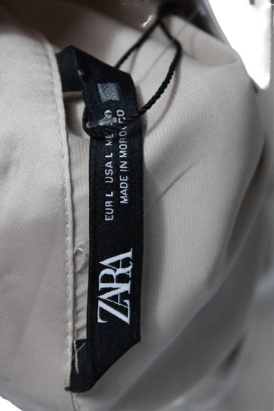 Zara Womens Collared Basic Button Up Long Sleeve Beige Polyester Top Size L