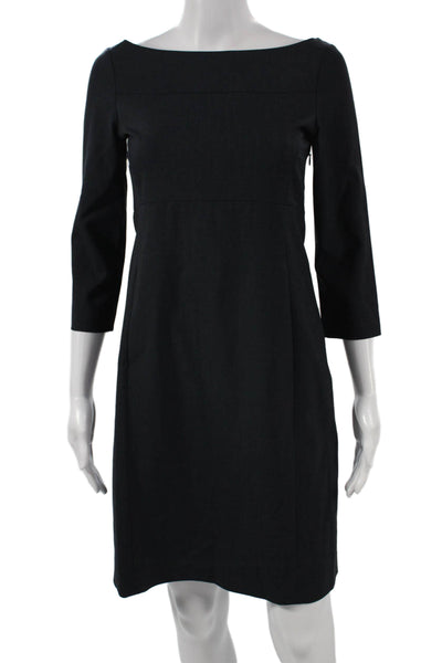 Theory Womens Sheath Dress Black Wool Boat Neck 3/4 Sleeve Zip Size 2