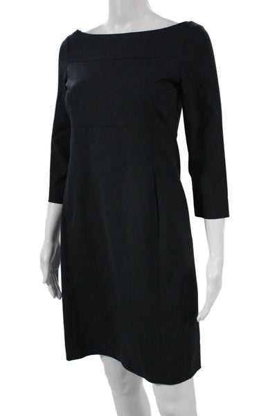 Theory Womens Sheath Dress Black Wool Boat Neck 3/4 Sleeve Zip Size 2