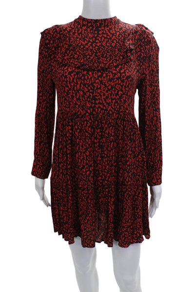 Zara Women Fit & Flare Dress Red Viscose High Neck Long Sleeve Size XS