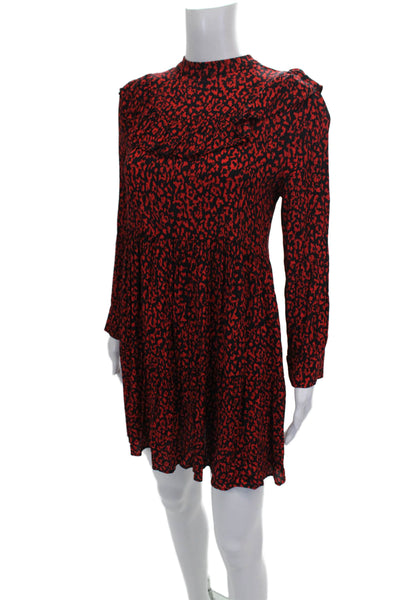 Zara Women Fit & Flare Dress Red Viscose High Neck Long Sleeve Size XS