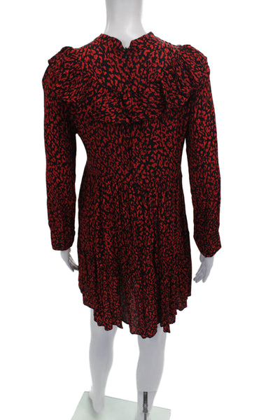Zara Women Fit & Flare Dress Red Viscose High Neck Long Sleeve Size XS