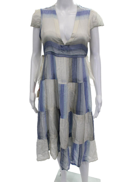 Lemlem Women Trapeze Swing Dress Blue Striped V-Neck Short Sleeve Size S