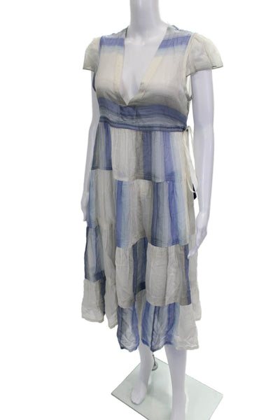 Lemlem Women Trapeze Swing Dress Blue Striped V-Neck Short Sleeve Size S