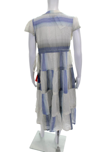 Lemlem Women Trapeze Swing Dress Blue Striped V-Neck Short Sleeve Size S