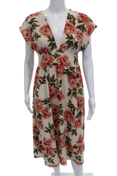 Urban Renewal Women Fit & Flare Dress Beige Cotton V-Neck Short Sleeve Size S