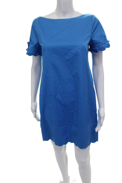 J Crew Women Shift Dress Blue Cotton Short Sleeve Boat Neck Knee Length Size 4P