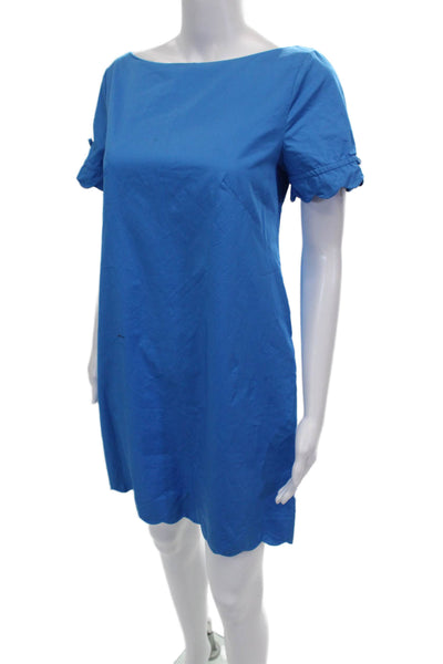 J Crew Women Shift Dress Blue Cotton Short Sleeve Boat Neck Knee Length Size 4P