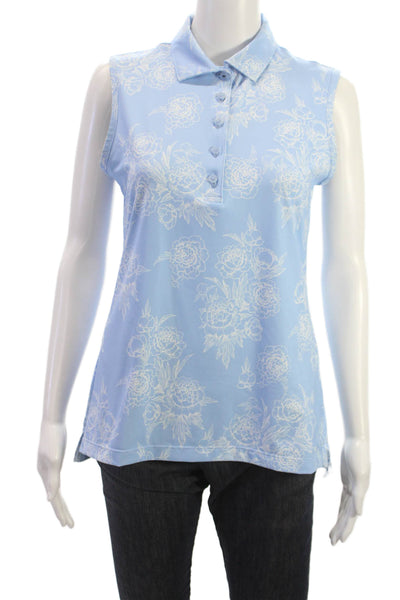 Peter Millar Womens Blue Floral Collared Sleeveless Polo Size S