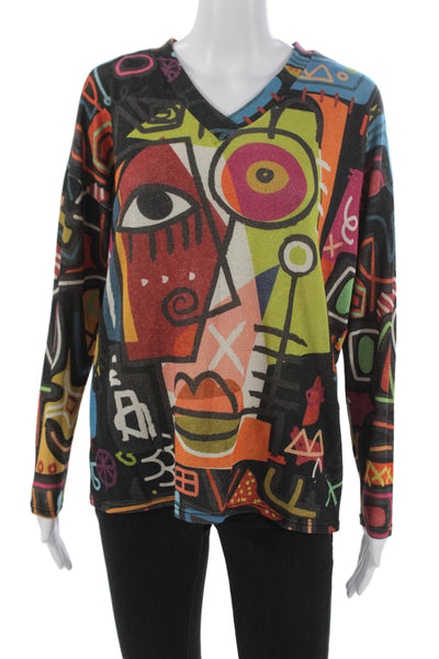 Flora Ashley Womens V-Neck Long Sleeve Geometric Tee Multicolor Size S