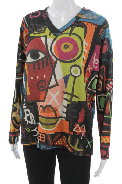Flora Ashley Womens V-Neck Long Sleeve Geometric Tee Multicolor Size S