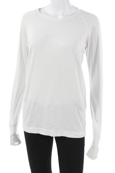 Lululemon Womens White Striped Crew Neck Long Sleeve Basic Tee Size 8