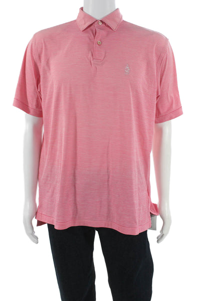 Peter Millar Mens Short Sleeve Collared Striped Knit Polo Shirt Pink Size Large