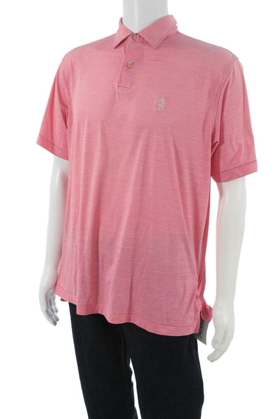 Peter Millar Mens Short Sleeve Collared Striped Knit Polo Shirt Pink Size Large