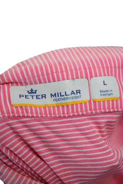 Peter Millar Mens Short Sleeve Collared Striped Knit Polo Shirt Pink Size Large