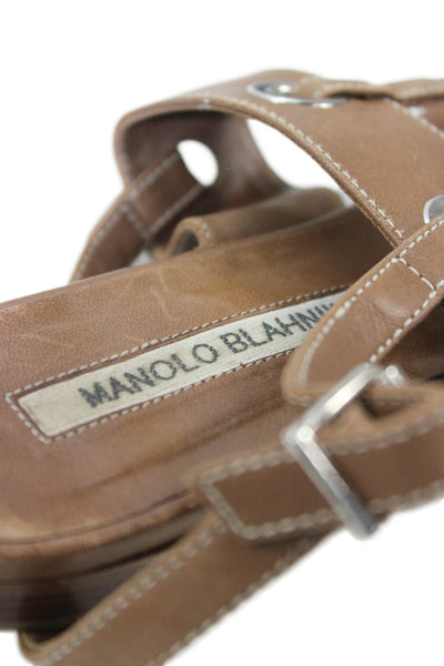 Manolo Blahnik Womens Grommet Ankle T Strap Sandals Brown Leather Size 36