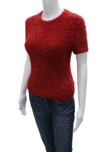 Helmut Lang Womens Pullover Red Nylon Short Sleeve Round Neck Size 2XS