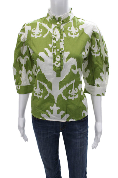 Madison Mathews Women Collared Cotton Geometric Blouse 3/4 Sleeve Green Size S