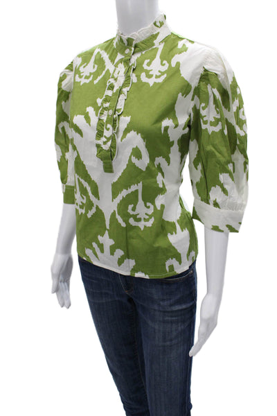 Madison Mathews Women Collared Cotton Geometric Blouse 3/4 Sleeve Green Size S