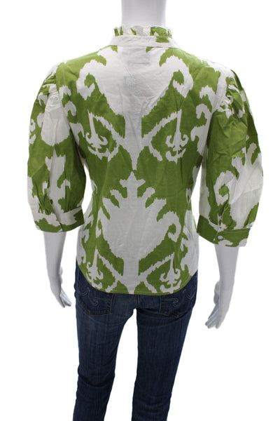 Madison Mathews Women Collared Cotton Geometric Blouse 3/4 Sleeve Green Size S
