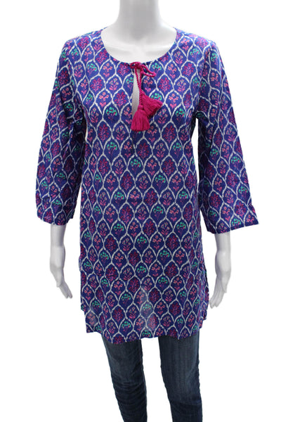 J Crew Womens Tunic Blouse Blue Geometric Cotton Round Neck 3/4 Sleeve Size S